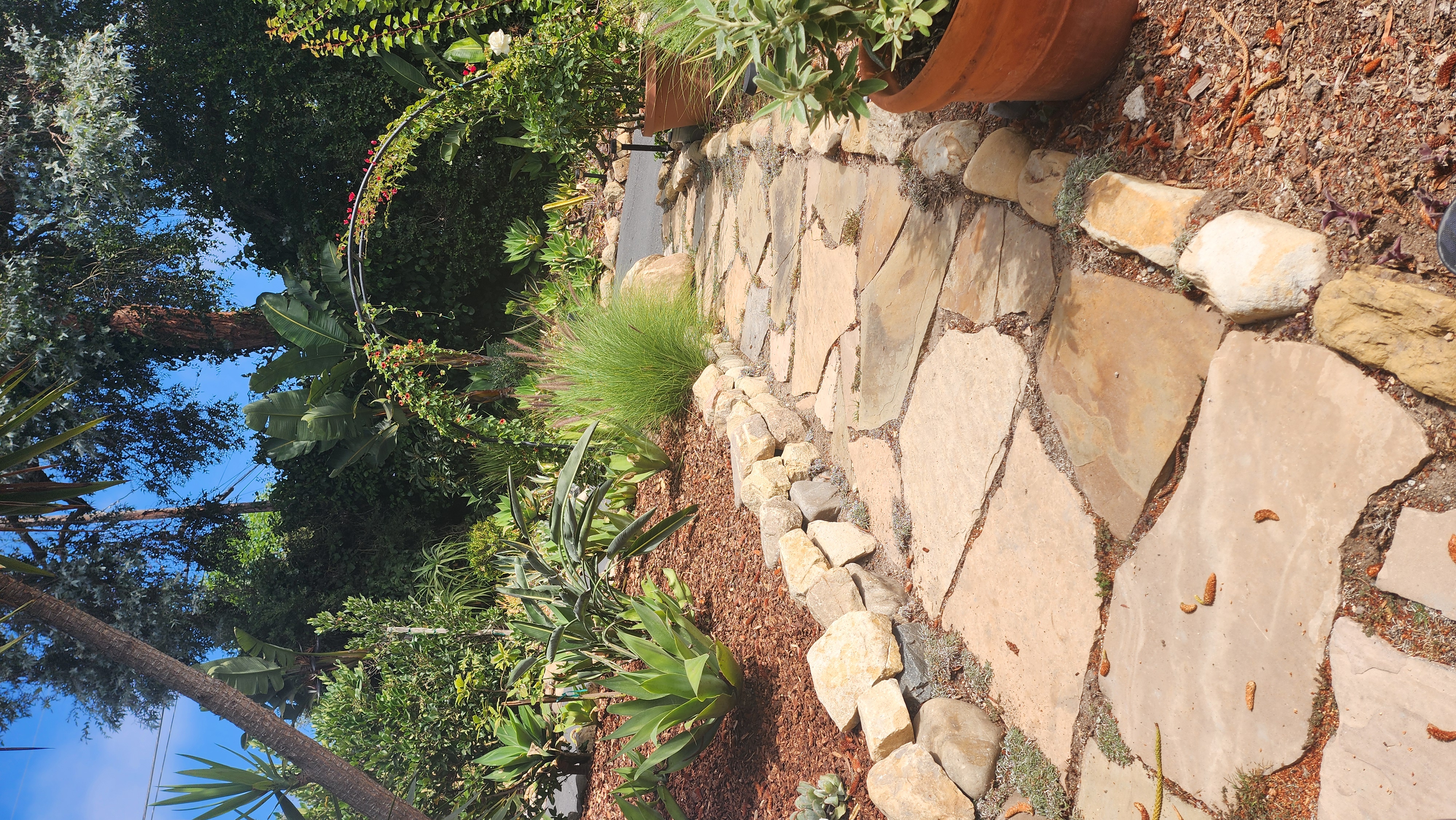 Flagstone garden path through a lush Santa Barbara landscape.